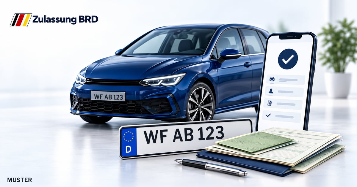 Online Fahrzeugzulassung in Landkreis Wolfenbüttel: Musterkennzeichen WF AB 123, Auto und Fahrzeugpapiere und Smartphone. Illustration mit Logo von Zulassung BRD.